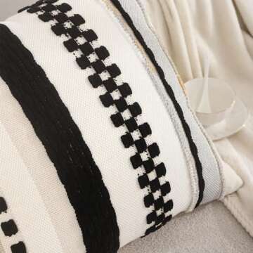 Tosleo Decorative Throw Pillow Covers 18x18 Set of 2 Boho Chenille Tufted Pillow Cover Textured Pillow Covers Striped Pillow Cases Accent Pillow Cases Farmhouse Cushion Case,Black and Beige