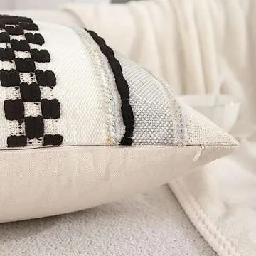 Tosleo Decorative Throw Pillow Covers 18x18 Set of 2 Boho Chenille Tufted Pillow Cover Textured Pillow Covers Striped Pillow Cases Accent Pillow Cases Farmhouse Cushion Case,Black and Beige