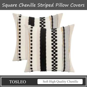 Tosleo Decorative Throw Pillow Covers 18x18 Set of 2 Boho Chenille Tufted Pillow Cover Textured Pillow Covers Striped Pillow Cases Accent Pillow Cases Farmhouse Cushion Case,Black and Beige