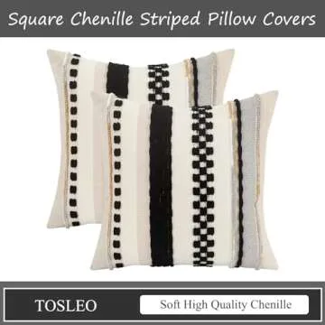 Tosleo Decorative Throw Pillow Covers 18x18 Set of 2 Boho Chenille Tufted Pillow Cover Textured Pillow Covers Striped Pillow Cases Accent Pillow Cases Farmhouse Cushion Case,Black and Beige