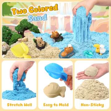 G.C 85 Pcs Animal Sensory Bin Toys Kids Play Sand Kit Toddler Sandbox Toy Two Color Sand Molds Pretend Play Beach Toy Birthday Gift for Girls Boys 3 4 5 6 7 8 Years Old