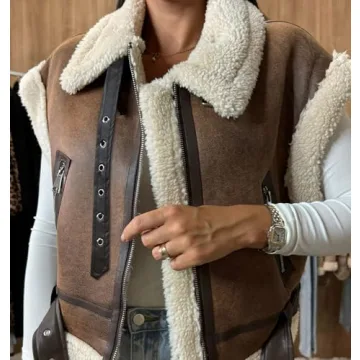 loveimgs Women Winter Sherpa Vest Faux Suede Jacket Shearling Fleece Leather Vest Sleeveless Moto Fur Coat with Belt (X-Large, Brown)