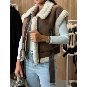 loveimgs Women Winter Sherpa Vest Faux Suede Jacket Shearling Fleece Leather Vest Sleeveless Moto Fur Coat with Belt (X-Large, Brown)