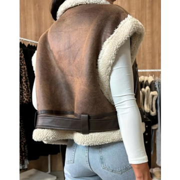 loveimgs Women Winter Sherpa Vest Faux Suede Jacket Shearling Fleece Leather Vest Sleeveless Moto Fur Coat with Belt (X-Large, Brown)