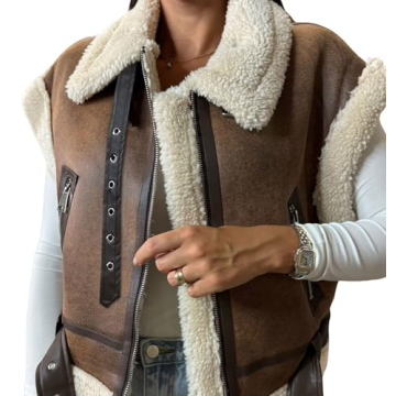 loveimgs Women Winter Sherpa Vest Faux Suede Jacket Shearling Fleece Leather Vest Sleeveless Moto Fur Coat with Belt (X-Large, Brown)