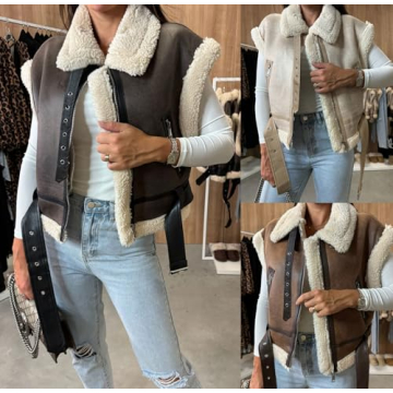 loveimgs Women Winter Sherpa Vest Faux Suede Jacket Shearling Fleece Leather Vest Sleeveless Moto Fur Coat with Belt (X-Large, Brown)
