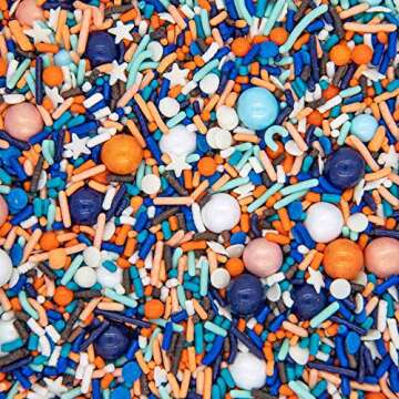 Blue and Orange Sprinkles for Cake, Cookie, Cupcake Decorating, and Baking - Blippi Birthday Cake Topper Decorations in Blue Orange Jimmies, Nonpareils, Sugar Pearl with Peach, White, Navy Sprinkles