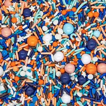 Blue and Orange Sprinkles for Cake, Cookie, Cupcake Decorating, and Baking - Blippi Birthday Cake Topper Decorations in Blue Orange Jimmies, Nonpareils, Sugar Pearl with Peach, White, Navy Sprinkles
