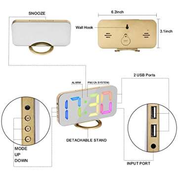SZELAM Alarm Clock for Bedroom,6.5 in Digital Clocks Large Display,with 2 USB Charger Ports,3 Levels Brightness,Snooze,Modern LED Mirror Clock for Kid Teen Girl Room Decor - Gold