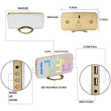 SZELAM Alarm Clock for Bedroom,6.5 in Digital Clocks Large Display,with 2 USB Charger Ports,3 Levels Brightness,Snooze,Modern LED Mirror Clock for Kid Teen Girl Room Decor - Gold