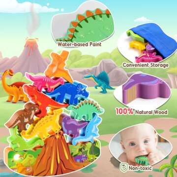 IPOURUP Dinosaur Toys for Kids 2-7 Kid Wooden Stacking Blocks Montessori Toy for 3 4 5 6 7 8 Year Old Boys Girls Easter Birthday Gifts Toddler Balance Game Ages 2-4 3-5 Toys for Boy Girl Age 5-7