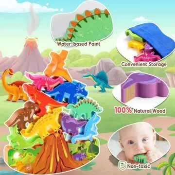 IPOURUP Dinosaur Toys for Kids 2-7 Kid Wooden Stacking Blocks Montessori Toy for 3 4 5 6 7 8 Year Old Boys Girls Easter Birthday Gifts Toddler Balance Game Ages 2-4 3-5 Toys for Boy Girl Age 5-7