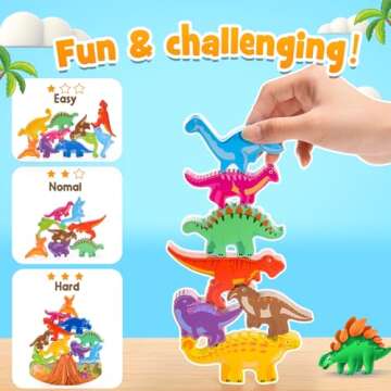 IPOURUP Dinosaur Toys for Kids 2-7 Kid Wooden Stacking Blocks Montessori Toy for 3 4 5 6 7 8 Year Old Boys Girls Easter Birthday Gifts Toddler Balance Game Ages 2-4 3-5 Toys for Boy Girl Age 5-7