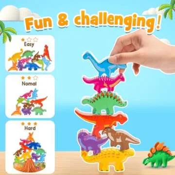IPOURUP Dinosaur Toys for Kids 2-7 Kid Wooden Stacking Blocks Montessori Toy for 3 4 5 6 7 8 Year Old Boys Girls Easter Birthday Gifts Toddler Balance Game Ages 2-4 3-5 Toys for Boy Girl Age 5-7