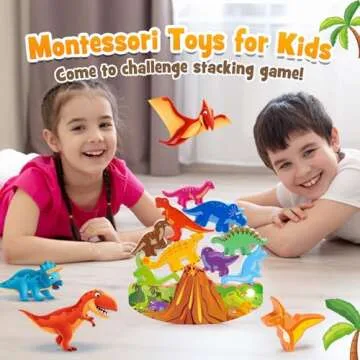 IPOURUP Dinosaur Toys for Kids 2-7 Kid Wooden Stacking Blocks Montessori Toy for 3 4 5 6 7 8 Year Old Boys Girls Easter Birthday Gifts Toddler Balance Game Ages 2-4 3-5 Toys for Boy Girl Age 5-7