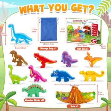 IPOURUP Dinosaur Toys for Kids 2-7 Kid Wooden Stacking Blocks Montessori Toy for 3 4 5 6 7 8 Year Old Boys Girls Easter Birthday Gifts Toddler Balance Game Ages 2-4 3-5 Toys for Boy Girl Age 5-7