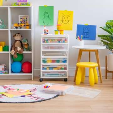 IRIS USA Fits 12" x 12" Paper, 6-Tier Scrapbook Rolling Storage Cart with Organizer Top for Papers Vinyl Tools Office Art and Craft Supplies, Yarn, White Frame with 6 Clear Cases w/ Built in Handle