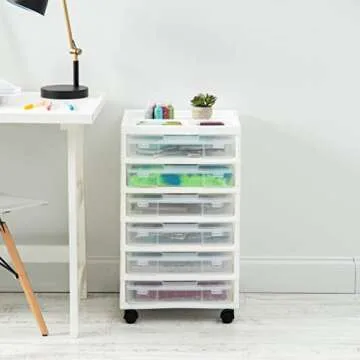 IRIS USA Fits 12" x 12" Paper, 6-Tier Scrapbook Rolling Storage Cart with Organizer Top for Papers Vinyl Tools Office Art and Craft Supplies, Yarn, White Frame with 6 Clear Cases w/ Built in Handle