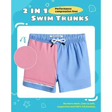 maamgic Boys Swim Trunks with Compression Liner Toddler Stretch Swim Shorts Quick Dry Swimming Trunks Boxer Brief 2 in 1 Beach Shorts Grey Blue Pink 10/12