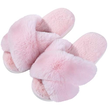 Evshine Women's Fuzzy Slippers Cross Band Memory Foam House Slippers Open Toe, Pink, 38-39 (Size 7-8)