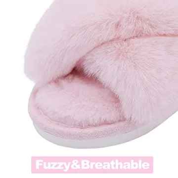 Evshine Women's Fuzzy Slippers Cross Band Memory Foam House Slippers Open Toe, Pink, 38-39 (Size 7-8)