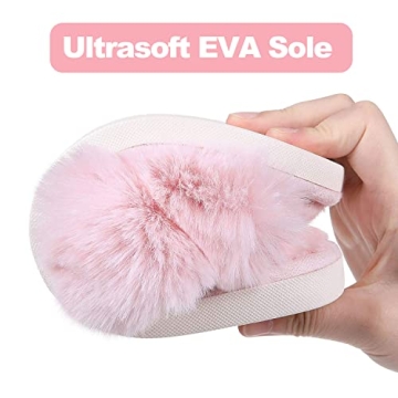 Evshine Women's Fuzzy Slippers Cross Band Memory Foam House Slippers Open Toe, Pink, 38-39 (Size 7-8)