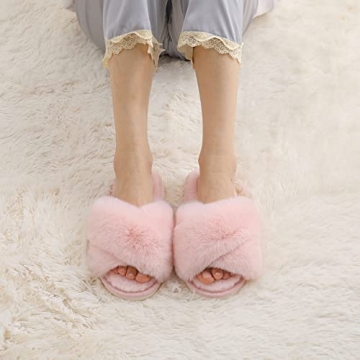 Evshine Women's Fuzzy Slippers Cross Band Memory Foam House Slippers Open Toe, Pink, 38-39 (Size 7-8)