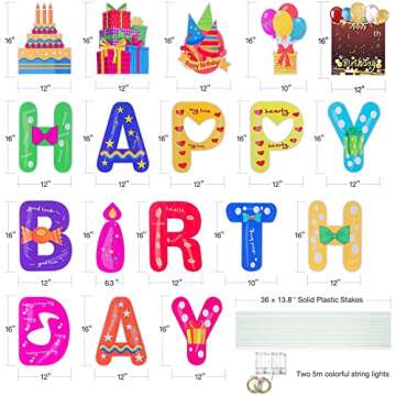 HOMENOTE 18Pcs Happy Birthday Yard Signs with Stakes, 2 x 5m LED Lights and Personalized Signs, 16”Large Size - Birthday Letters for Yard Lawn Outdoor Decoration Party Supplies