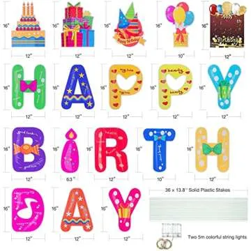 HOMENOTE 18Pcs Happy Birthday Yard Signs with Stakes, 2 x 5m LED Lights and Personalized Signs, 16”Large Size - Birthday Letters for Yard Lawn Outdoor Decoration Party Supplies