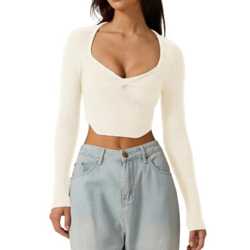 Stylish QINSEN Women's Long Sleeve Crop Top Sweater