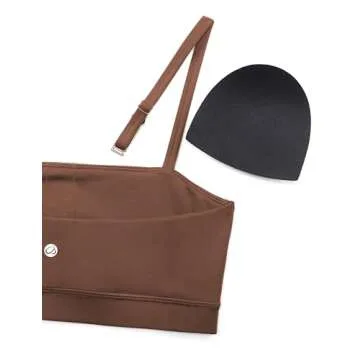 CRZ YOGA Butterluxe Womens Adjustable Spaghetti Thin Strap Sports Bra - Padded Wireless Square Neck Workout Yoga Clothes Coffee Brown Medium