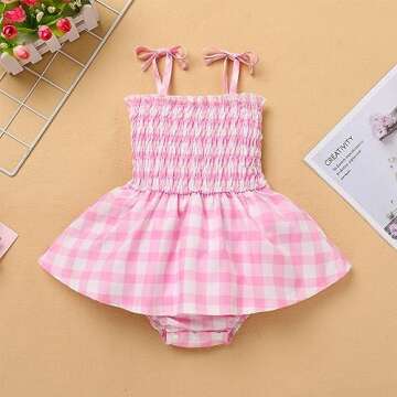 IDOPIP Pink Plaid Dress for Baby Girls Gingham Print Romper Tutu Dress Summer Sleeveless Smocked Pri...