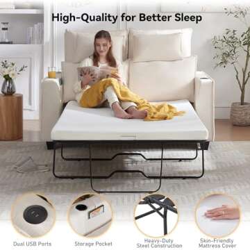 Brelice Pull Out Sofa Bed, Sleeper Sofa Couch, 2-in-1 Convertible Chenille Loveseat with USB Charging Ports and Memory Foam Mattress, Full Size Pullout Bed for Living Room, Apartment or Office, Beige
