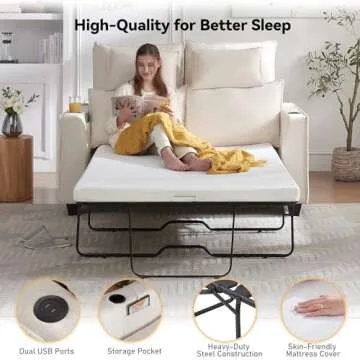 Brelice Pull Out Sofa Bed, Sleeper Sofa Couch, 2-in-1 Convertible Chenille Loveseat with USB Charging Ports and Memory Foam Mattress, Full Size Pullout Bed for Living Room, Apartment or Office, Beige