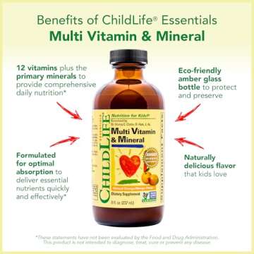 CHILDLIFE ESSENTIALS Kids Multivitamin & Mineral - Kids Vitamins, Liquid Multivitamin for Kids, Toddler Multivitamins, Liquid Vitamins, Baby Multivitamin - Natural Orange & Mango, 8 Fl Oz (Pack of 1)