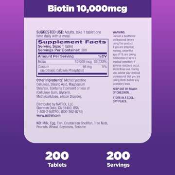 Natrol Biotin 10000mcg, Supplement for Healthy Hair, Skin and Nails for Those Low in Biotin, Plus Energy Metabolism Support, 200 Tablets, Up to a 200 Day Supply