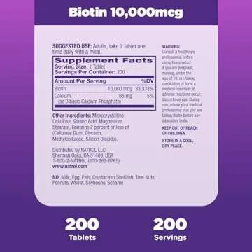 Natrol Biotin 10000mcg, Supplement for Healthy Hair, Skin and Nails for Those Low in Biotin, Plus Energy Metabolism Support, 200 Tablets, Up to a 200 Day Supply