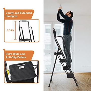 HBTower 4 Step Ladder with Handrails, 330 lbs Folding Step Stool with Attachable Tool Bag & Anti-Slip Wide Pedal for Home Kitchen Pantry Office, Black