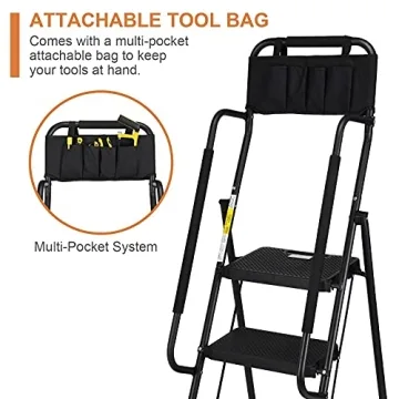 HBTower 4 Step Ladder with Handrails, 330 lbs Folding Step Stool with Attachable Tool Bag & Anti-Slip Wide Pedal for Home Kitchen Pantry Office, Black
