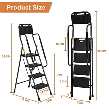 HBTower 4 Step Ladder with Handrails, 330 lbs Folding Step Stool with Attachable Tool Bag & Anti-Slip Wide Pedal for Home Kitchen Pantry Office, Black