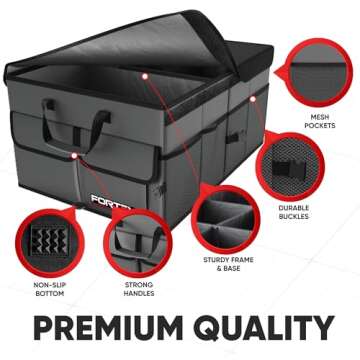 FORTEM Car Trunk Organizer, Collapsible Multi Compartment Car Organizer, Foldable SUV Storage for Car Accessories for Women Men, Non Slip Bottom, Securing Straps, Soft Cover 50L (Grey, Standard)