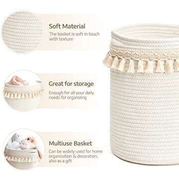 Mkono Macrame Decorative Cotton Rope Basket Boho Nursery Decor Small Cute Woven Tassel Closet Storag...