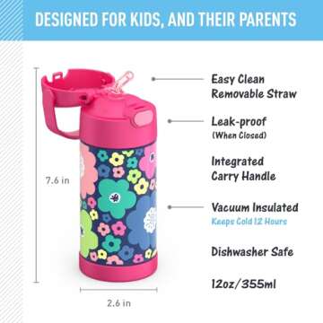 THERMOS FUNTAINER Water Bottle with Straw - 12 Ounce - Kids Stainless Steel Vacuum Insulated Water B...