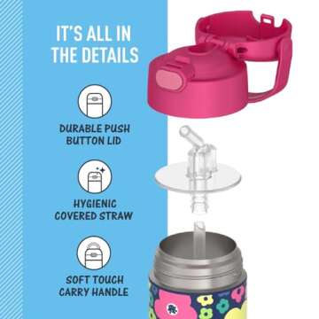 THERMOS FUNTAINER Water Bottle with Straw - 12 Ounce - Kids Stainless Steel Vacuum Insulated Water Bottle with Lid, Mod Flowers