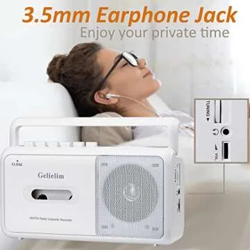 Gelielim Cassette Player Boombox, Portable AM/FM Radio Stereo, Cassette Tape Player Recorder with Big Speaker and Earphone Jack, Battery Operated or AC Powered Tape Recorder Cassette Player