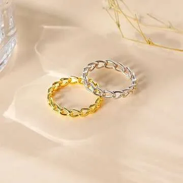 Mameloly 3.8mm 925 Sterling Silver 14K Gold Plated Wedding Bands for Women Stackable Open Chain Link Engagement Rings Size 7