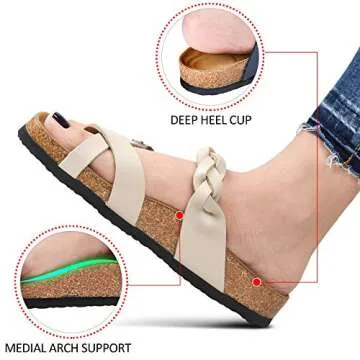 AEROTHOTIC Womens Strappy Slip-On Modern Memory Foam Cushion Footbed Outdoor Adjustable Buckle Cork Footbed Slides for Sandals with Comfortable Arch Support (Irenic Cream, Size 10)