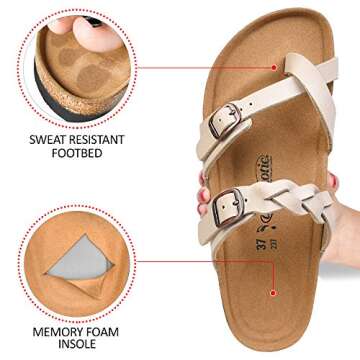 AEROTHOTIC Womens Strappy Slip-On Modern Memory Foam Cushion Footbed Outdoor Adjustable Buckle Cork Footbed Slides for Sandals with Comfortable Arch Support (Irenic Cream, Size 10)