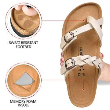 AEROTHOTIC Womens Strappy Slip-On Modern Memory Foam Cushion Footbed Outdoor Adjustable Buckle Cork Footbed Slides for Sandals with Comfortable Arch Support (Irenic Cream, Size 10)