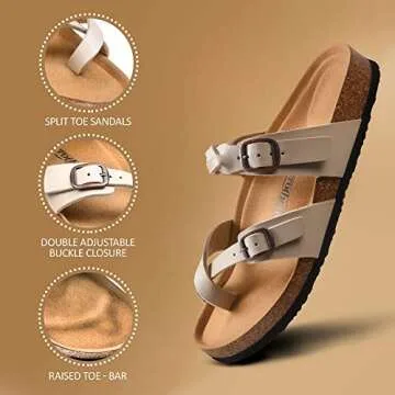 AEROTHOTIC Womens Strappy Slip-On Modern Memory Foam Cushion Footbed Outdoor Adjustable Buckle Cork Footbed Slides for Sandals with Comfortable Arch Support (Irenic Cream, Size 10)
